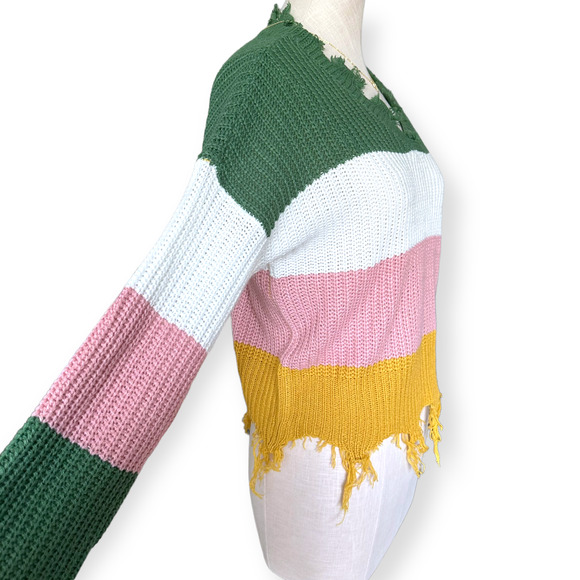 SAKS FIFTH AVENUE Colorblock Frayed Hem Sweater V-Neck Knit Pink Green Yellow - Picture 4 of 9